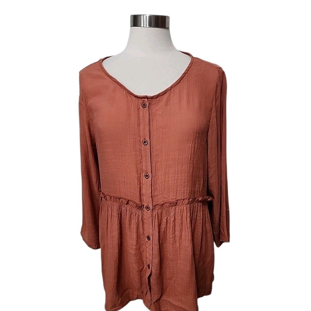 Emery Rose Blouse Top XL Brown Ruffle Babydoll 3/4 Sl Round neck Button Up